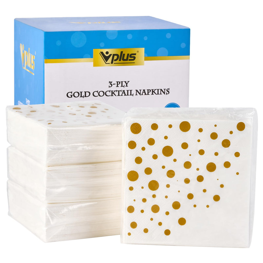 Vplus 200 Pack Cocktail Napkins Paper, 3-Ply Beverage Napkins, Disposable Gold Square Napkins, Perfect for Restaurant, Event, Bar, Wedding, Baby Shower and Birthday Party