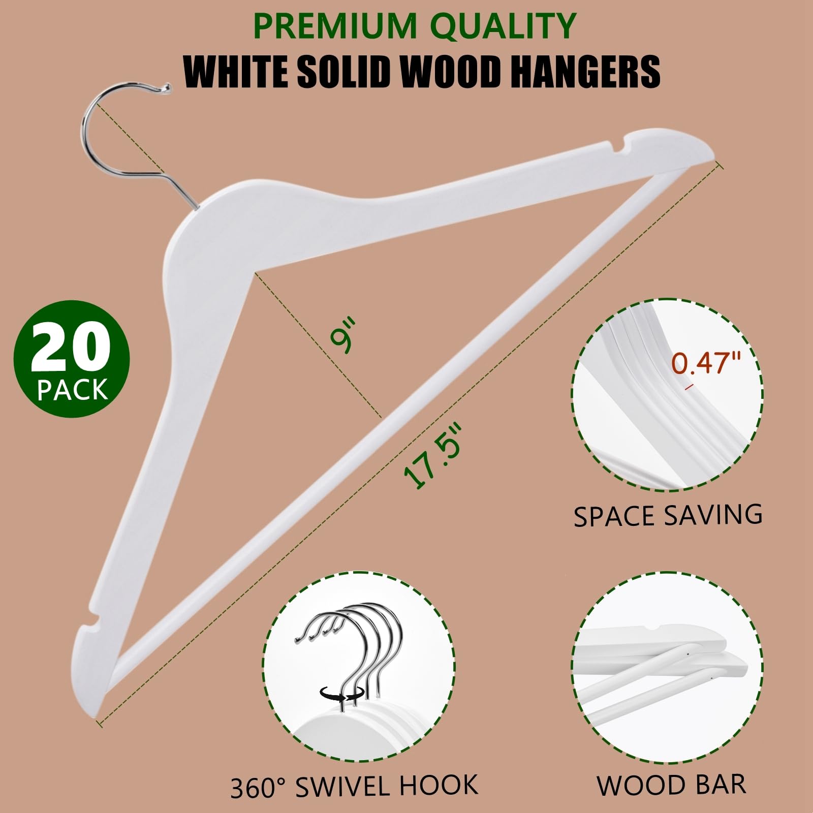 Amber Home 30 Pack Wooden Coat Hangers, Natural Wood Suit Hangers with Non-Slip Pant Bar, Clothes Hangers for Closet Organization, Shirts, Jackets, Dresses, and Pants (Natural, 30)