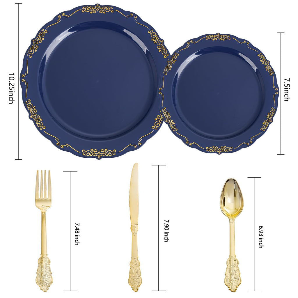 DaYammi 150Pcs Ivory Plastic Plates with Gold Rim,Disposable Plastic Plates Include 30 Dinner Plate,30 Salad Plate,30 Forks,30 Spoons,30 Knives,Ivory and Gold Plates for Party,Wedding,Mother's Day