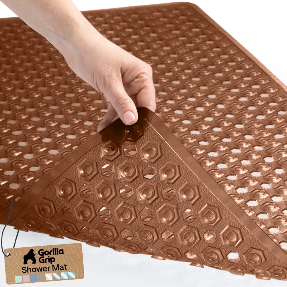 GORILLA GRIP Patented Bath Tub Shower Mat, Machine Washable Bathtub Floor Liner Mats, Suction Cups and Drain Holes to Keep Tubs Clean, Soft on Feet, Bathroom Essentials, 35x16 Inch, Clear