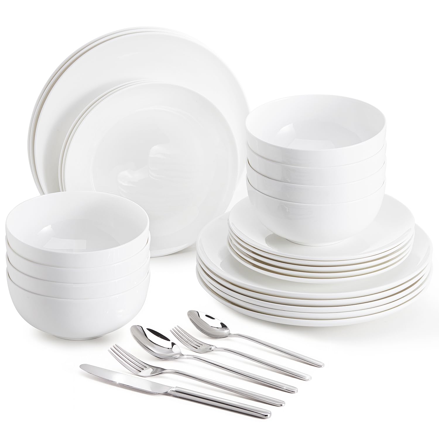 KINGSTONE 12-Piece Bone China Dinnerware Set for 4, Lightweight and Durable, Microwave and Dishwasher Safe, White Plates and Bowls for Everyday Use
