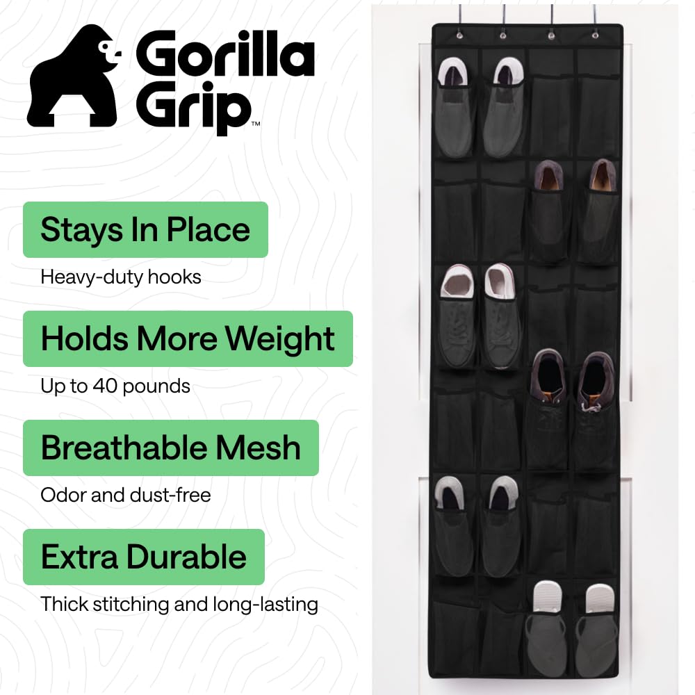 GORILLA GRIP Over the Door Shoe Organizer, 24 Large Breathable Mesh Pockets, Space Saving Hanging Storage Holder, Closet Rack Hanger Holds Up to 40 lbs, Hangs on Closets for Shoes, Accessories, Black