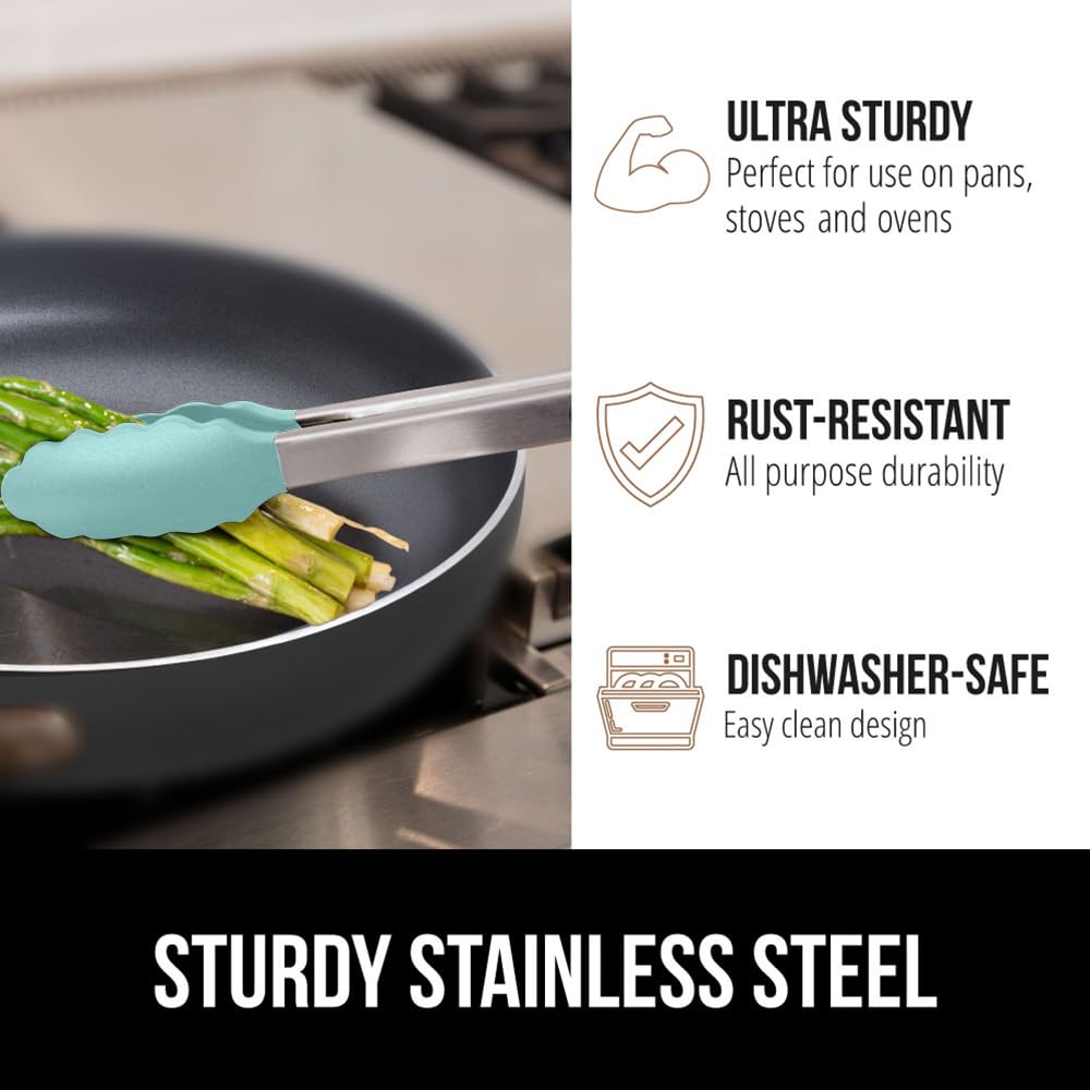 GORILLA GRIP Stainless Steel Heat Resistant Kitchen Tongs for Cooking, Set of 2 BBQ Tong, Non Scratch Silicone Tip for Pans, Strong Grip, Grab Food, Toss Salad, Air Fryer, Pull Lock, 7 + 9 Inch, Black