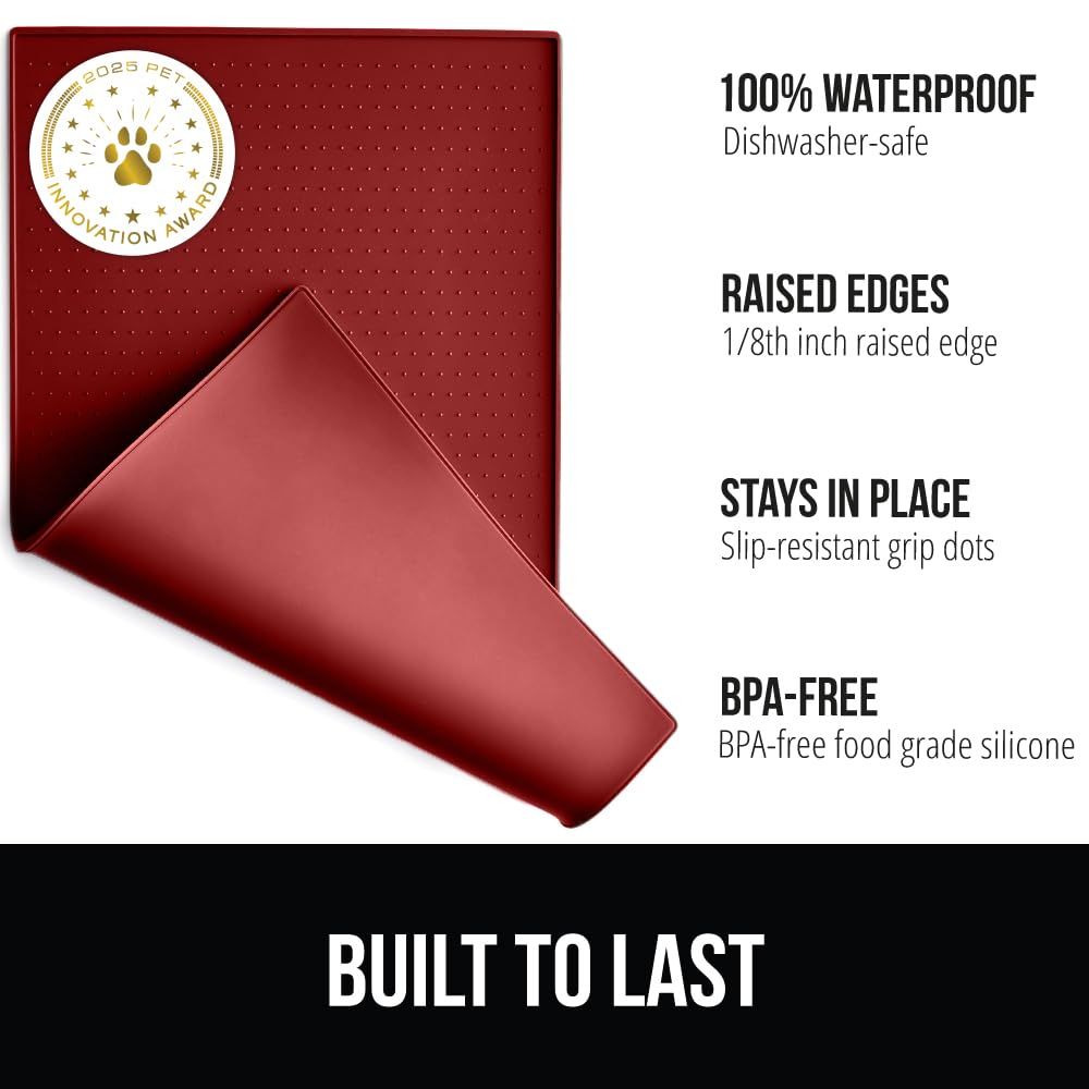 GORILLA GRIP 100% Waterproof Raised Edge BPA Free Silicone Pet Feeding Mat, Dog Cat Food Mats Contain Spills Protects Floors, Placemats for Cats and Dogs Water Bowl, Pets Accessories 18.5x11.5 Gray
