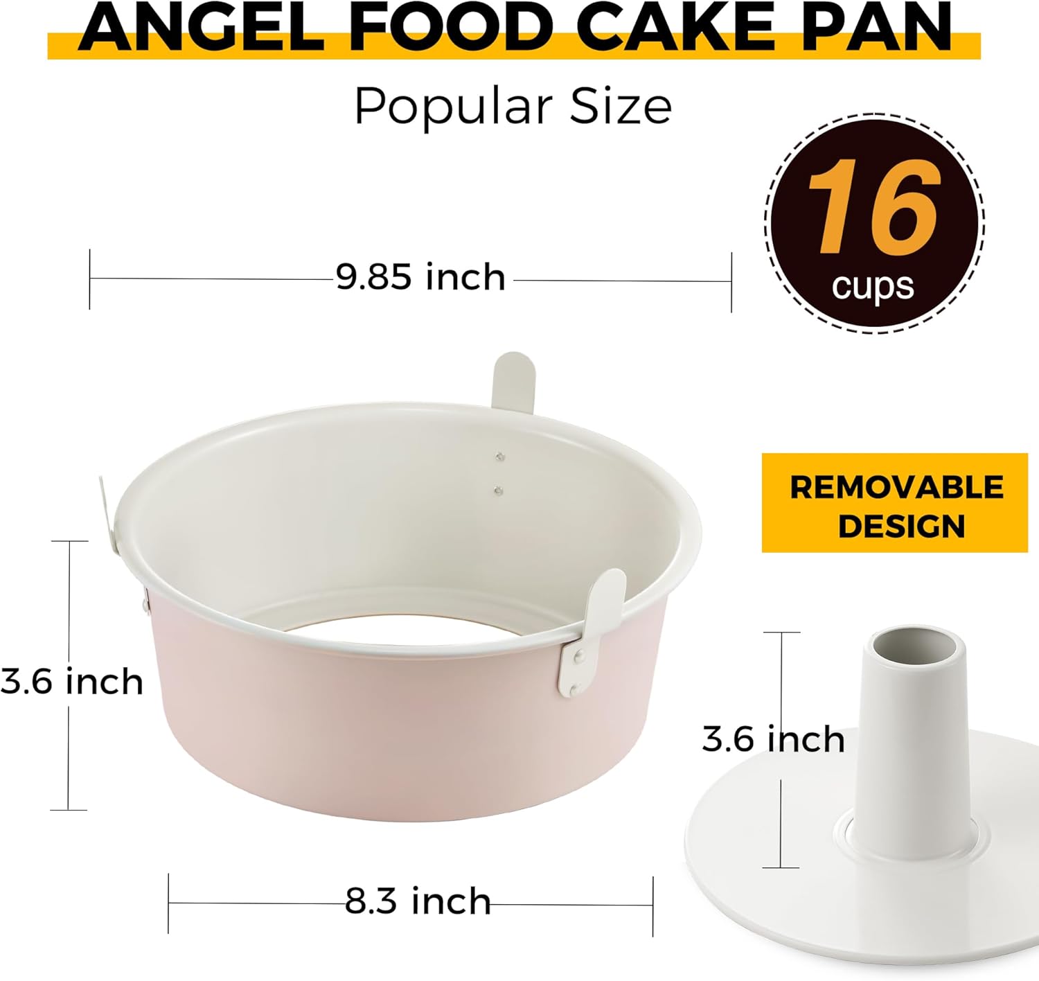 HONGBAKE Angel Food Cake Pan with Removable Bottom, 10 inch Carbon Steel Bundt Cake Pan for Baking, Non-stick Pound Tube Pans for Cakes, 16-Cup, Heavy Duty - Pink