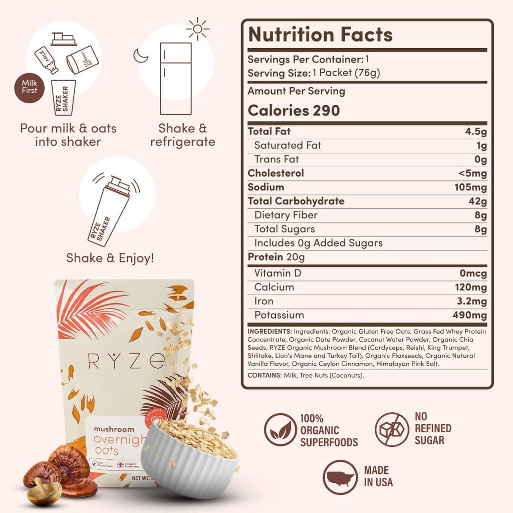 RYZE SUPERFOODS Mushroom Medium Roast Coffee (30 Servings) + Mushroom Overnight Oats (7 Servings), USDA Organic with 6 Adaptogenic Mushrooms