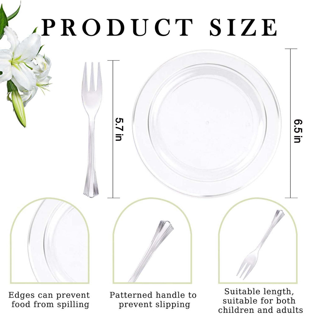 DaYammi 240Pcs Dessert Plates Include 120Pcs Gold Cake Plates 6.3inch with 120Pcs Gold Plastic Forks 5.7inch,Clear gold plates Disposable Salad Plate for Party Appetizer Plate for Wedding Birthday