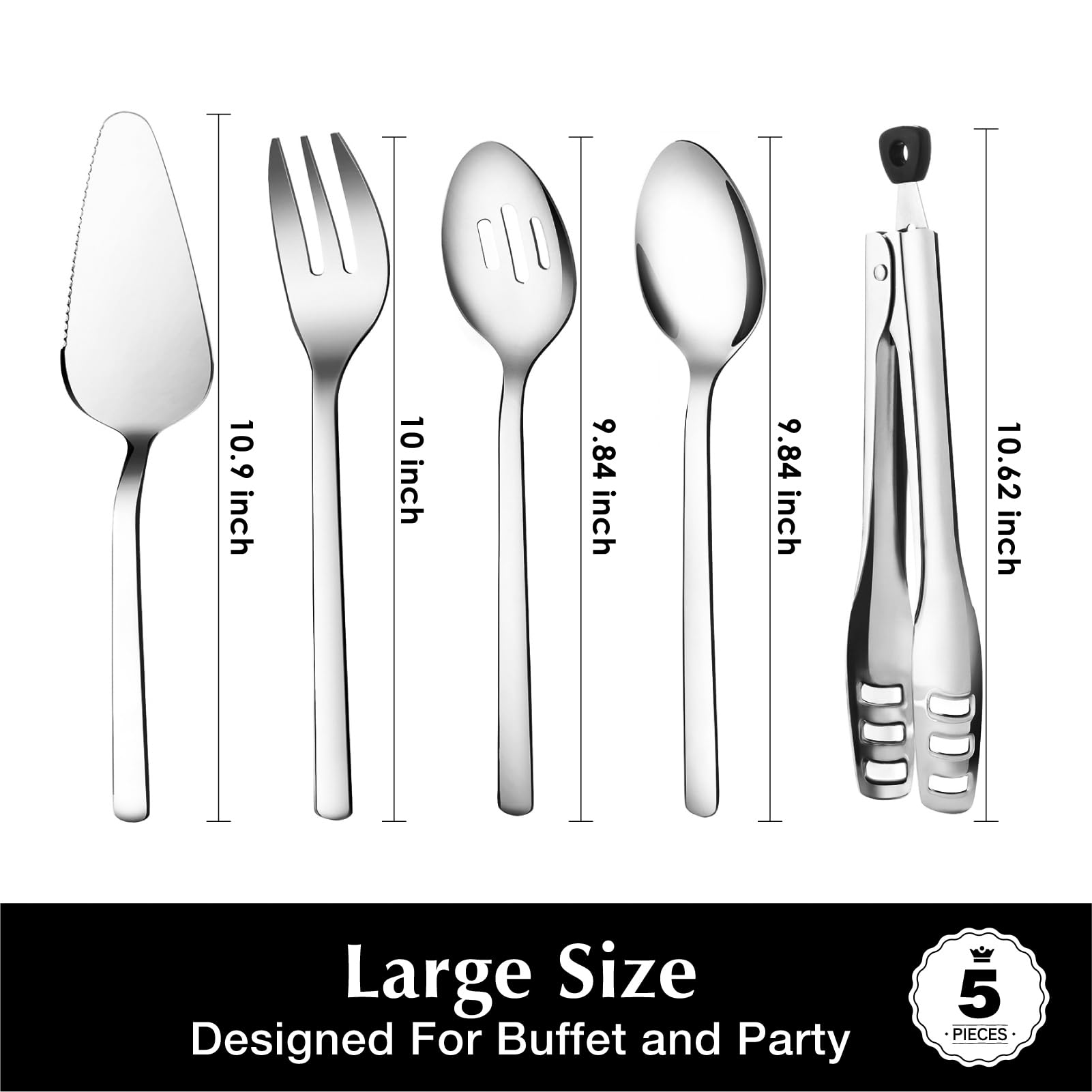 KINGSTONE Large Hostess Serving Utensils Set, 18/10 Stainless Steel Heavy Duty 10-inch Serving Utensils, Slotted Spoons, Forks, Tongs, Cake Pie Server for Buffet, Wedding, Party
