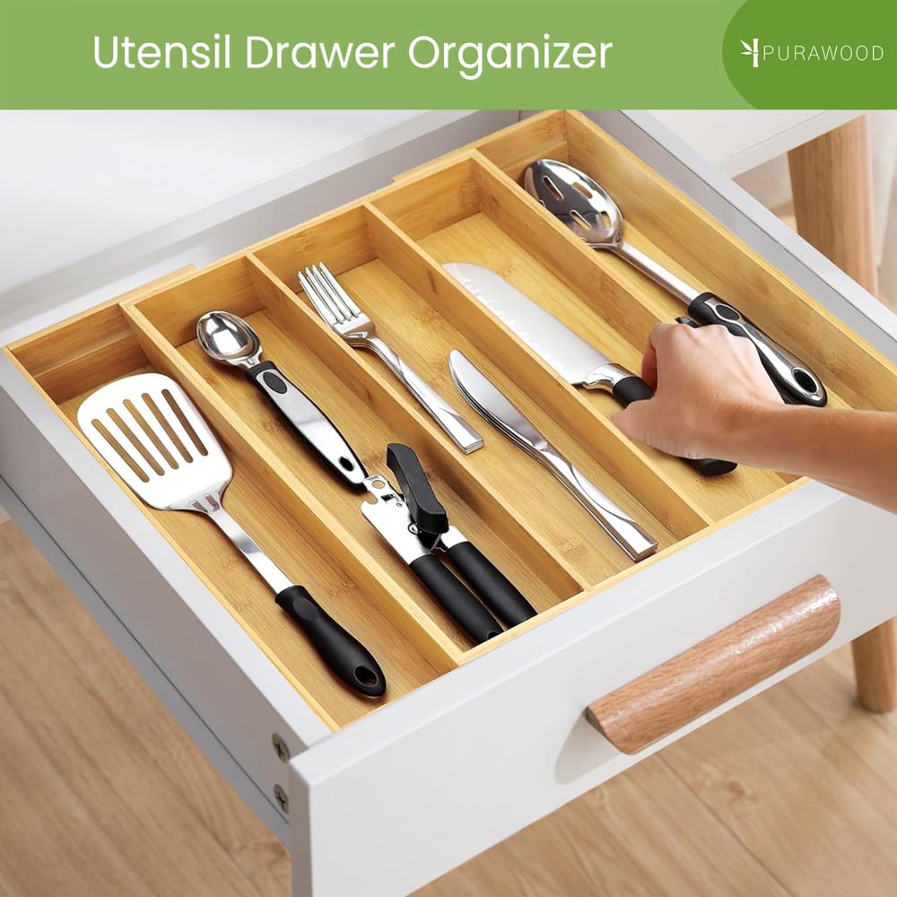 Purawood Bamboo Drawer Organizer - Expandable Silverware Organizer & Utensil Drawer Organizer, Cutlery Tray with Dividers, 7-9 Slots- Kitchen Organizer for Utensils & Flatware (Natural)