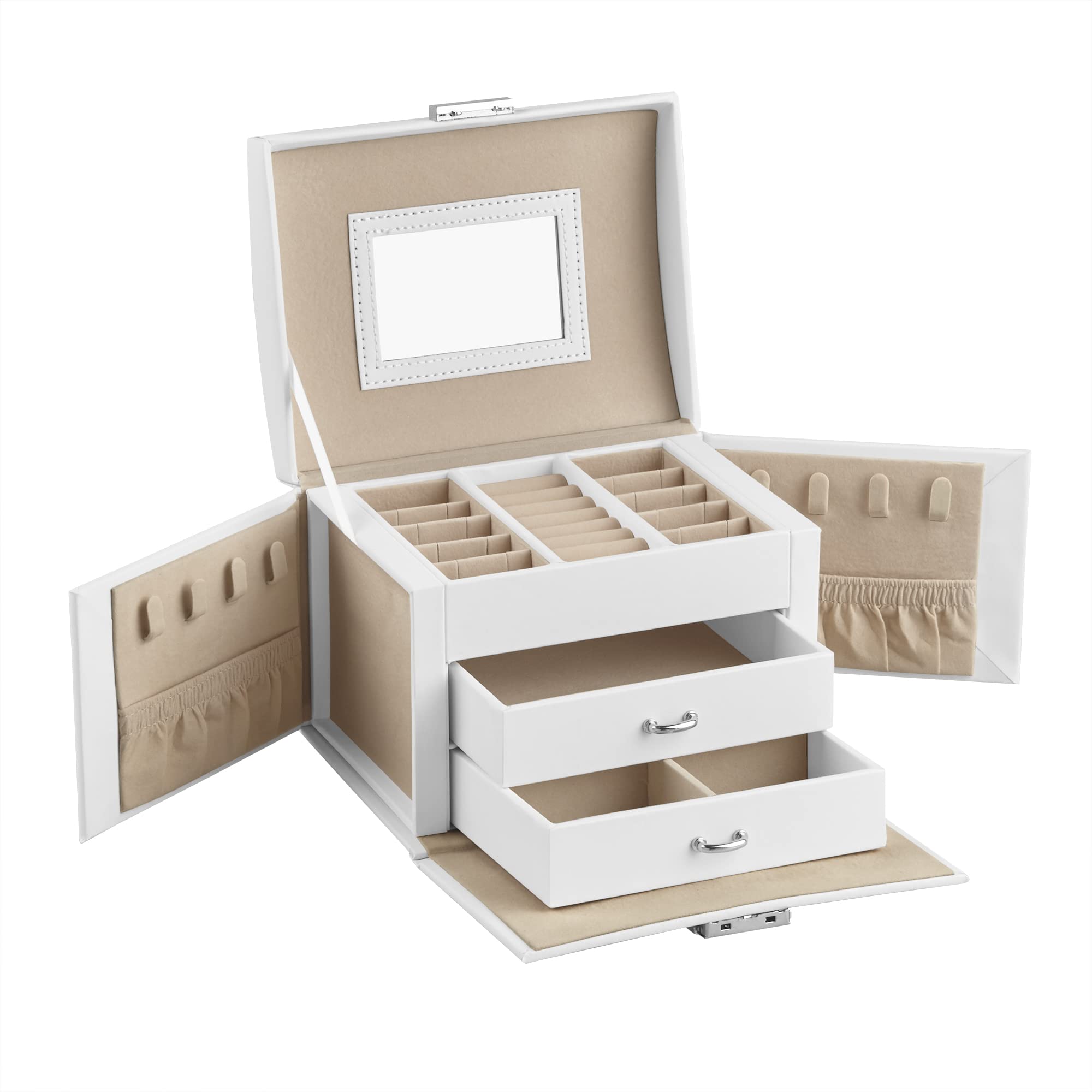 SONGMICS 3-Tier Jewelry Box, Travel Jewelry Case with Handle, 2 Drawers, Lockable Jewelry Organizer with Mirror, Jewelry Storage, Modern Style, Gift for Loved Ones, White UJBC154W01