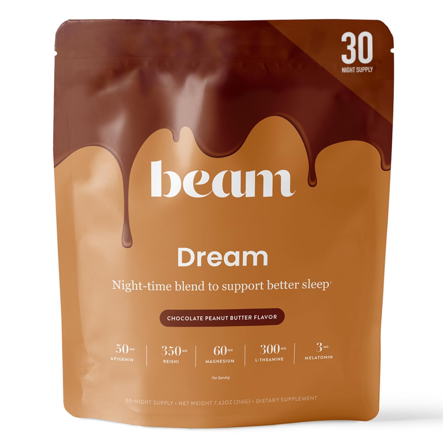 Beam Dream Sleep Powder – Sleep Aid for Adults with Melatonin, Magnesium, L-Theanine, Reishi Mushroom & Apigenin Sleep Supplement, Sleepy Cocoa Bedtime Drink Mix, Brownie Batter Flavor, 30 Servings