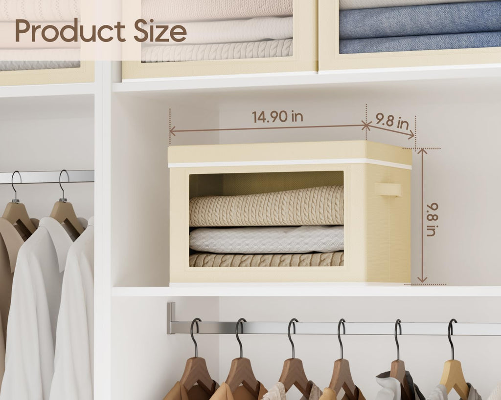 Homsorout Collapsible Storage Bins with Lids - Stackable Storage Containers with Window, 6 Pack Fabric Organizing Bins for Closet, Home & Office Organization Baskets, Beige, 14.9" x 9.8" x 9.8"