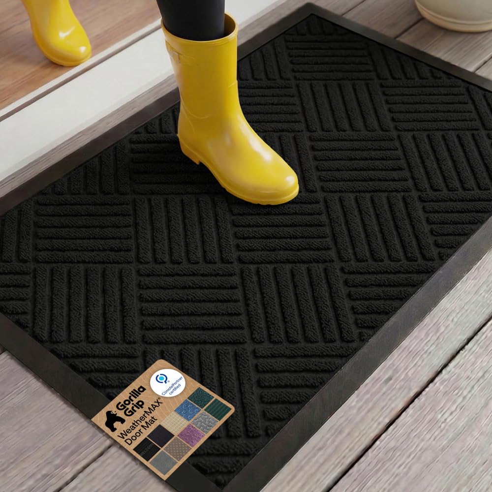 GORILLA GRIP 100% Waterproof All-Season WeatherMAX Doormat US Designed Natural Rubber, Stain Fade Resistant, Low Profile Indoor Outdoor Front Door Mats Outside Entrance, Easy Clean 29x17 Gray Diamond