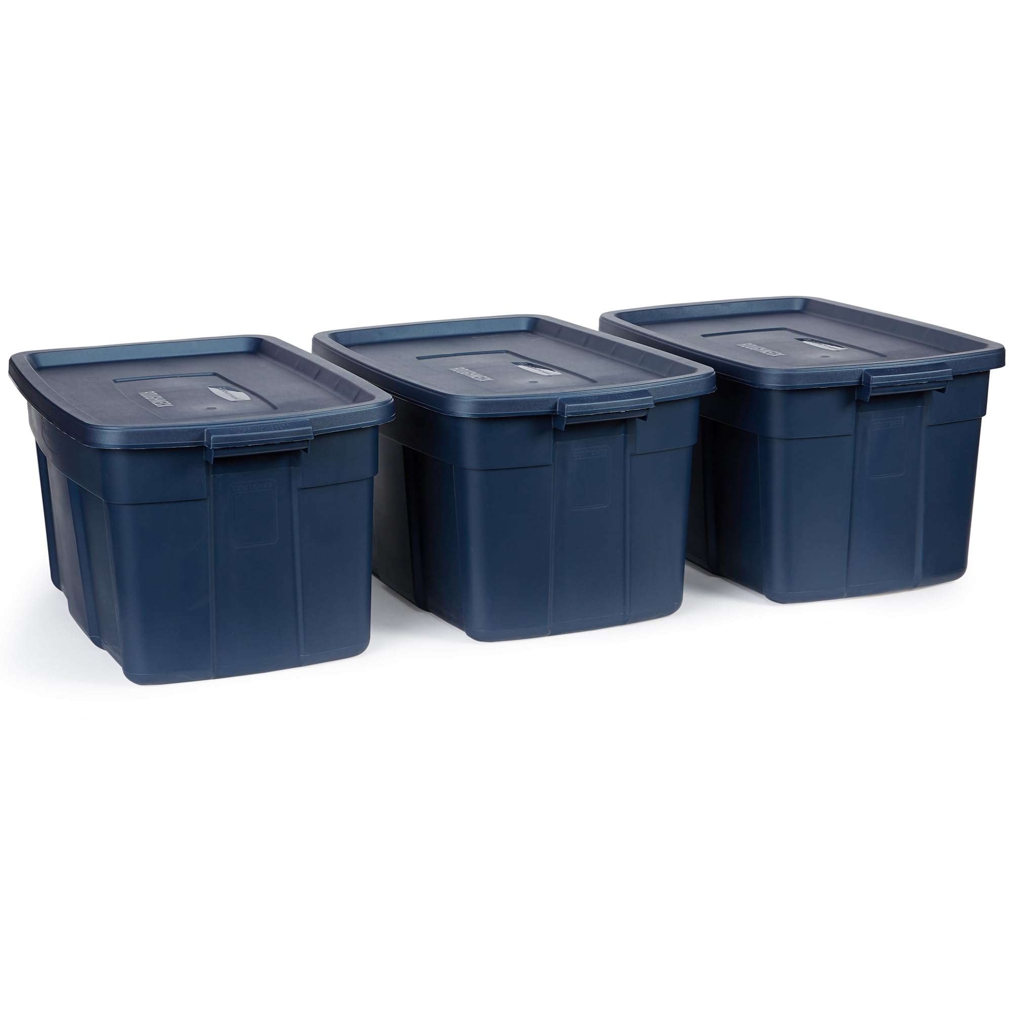 Rubbermaid Roughneck Tote 14 Gal, 6 Pack, Made in USA, Dark Indigo Metallic, Rugged Plastic Stackable Storage Bins with Lids and Handles