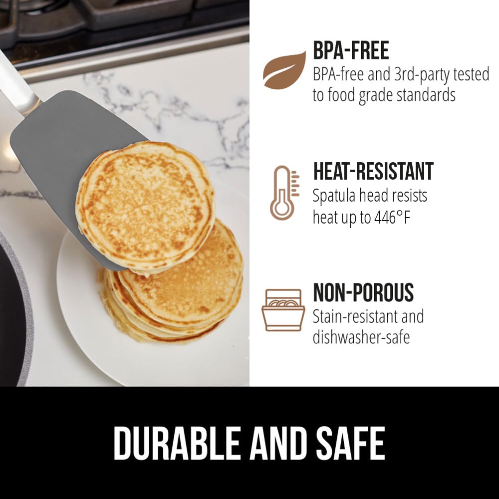 GORILLA GRIP Food Grade Flexible Silicone Spatula, Heat Resistant Head for Nonstick Frying Pan, Patented Soft Rubber Handle for Comfort, Non-Scratch Kitchen Turner, Flip Eggs Burgers, 11.6 in, Black