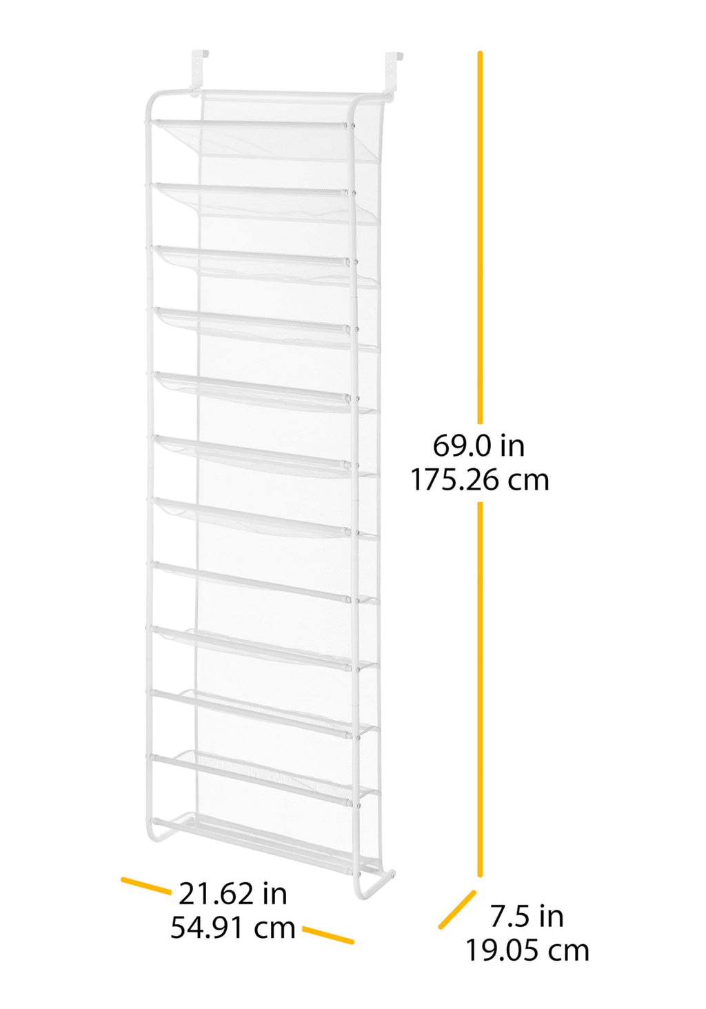 Whitmor 36 Pair Over the Door Shoe Organizer, 12 Tier Hanging Shoe Organizer, Heavy Duty Metal & Mesh Shoe Holder, Hanging Shoe Rack for Closet Organizer & Storage, 74"L x 21.7"W x 7.5"H, White
