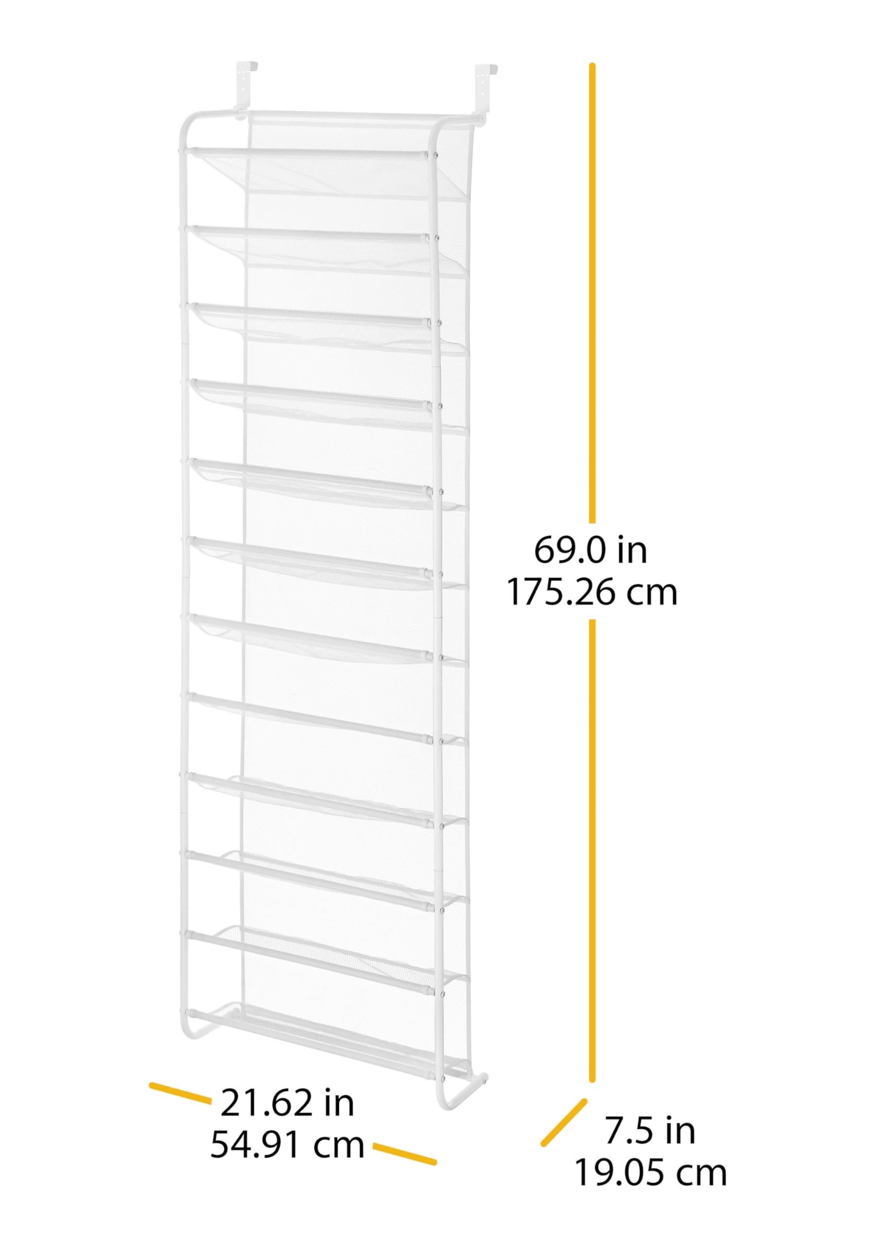 Whitmor 36 Pair Over the Door Shoe Organizer, 12 Tier Hanging Shoe Organizer, Heavy Duty Metal & Mesh Shoe Holder, Hanging Shoe Rack for Closet Organizer & Storage, 74"L x 21.7"W x 7.5"H, White