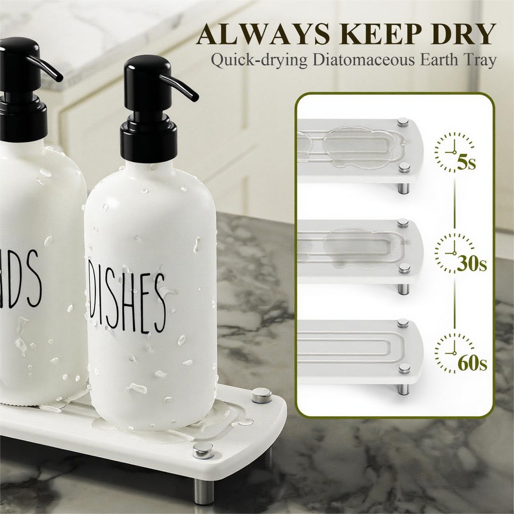 Cisily Kitchen Soap Dispenser Set Comes with Ceramics Sponge Holder, Gold Pumps, and Instant Dry Tray, Hand and Dish Soap Dispenser Set (4, Gold + White + Sponge Holder)