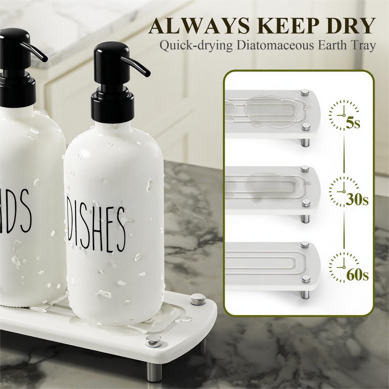 Cisily Kitchen Soap Dispenser Set Comes with Ceramics Sponge Holder, Gold Pumps, and Instant Dry Tray, Hand and Dish Soap Dispenser Set (4, Gold + White + Sponge Holder)