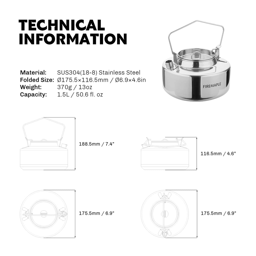 Fire-Maple Antarcti Portable 1.2 Liter Lightweight Stainless Steel Camping Kettle | Durable and Portable Camp Tea Pot | Ideal for Bushcraft and Outdoor Campfire Use
