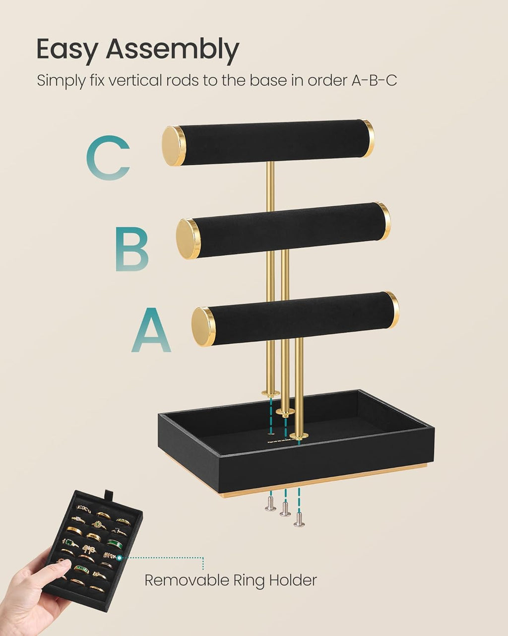 SONGMICS Bracelet Holder Stand, Jewelry Display Stand, Jewelry Organizer, with 3 Tiers and Velvet Tray, Removable Ring Holder, Ink Black UJJS027B01