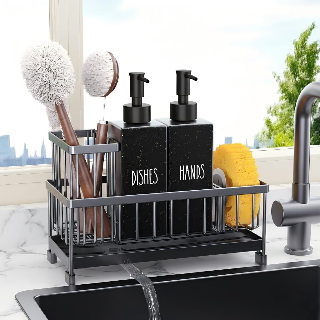 Cisily Juego de dispensador de jabón de cocina con organizador para fregadero, botella de vidrio de 12 onzas, dispensador de jabón para manos y platos con soporte para esponja, accesorios organizadores de fregadero de cocina de acero inoxidable negro
