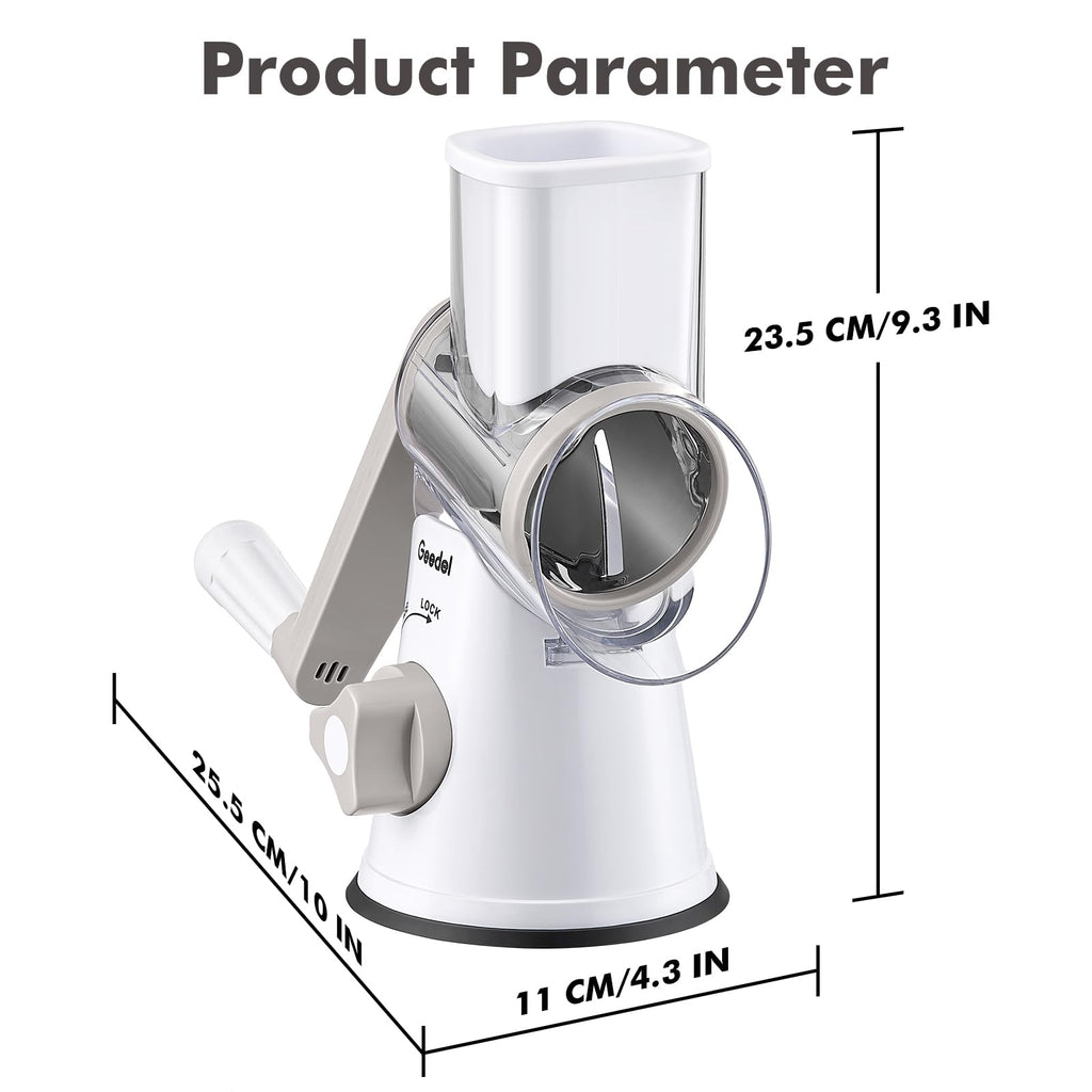 Geedel Rotary Cheese Grater, Kitchen Mandoline Vegetable Slicer with 3 Interchangeable Blades, Easy to Clean Rotary Grater Slicer for Fruit, Vegetables, Nuts
