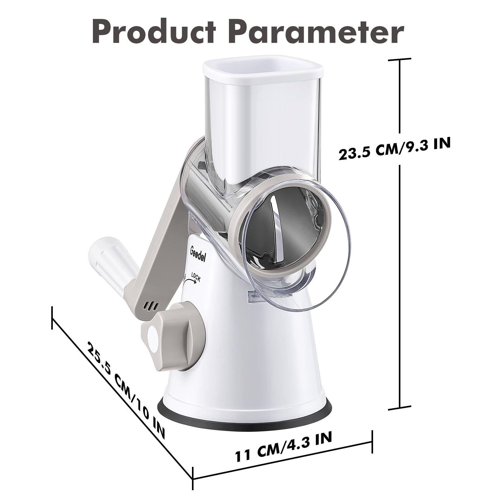 Geedel Rotary Cheese Grater, Kitchen Mandoline Vegetable Slicer with 3 Interchangeable Blades, Easy to Clean Rotary Grater Slicer for Fruit, Vegetables, Nuts