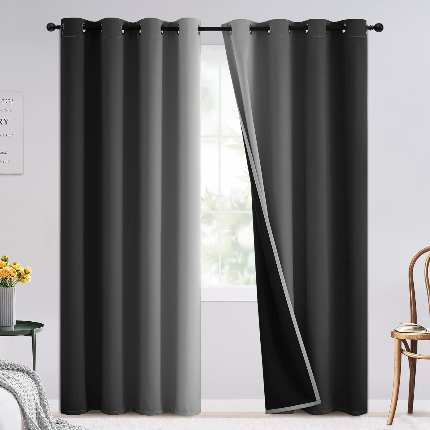 SimpleHome Ombre Room Darkening Curtains for Bedroom, Gradient Black to Grey White Light Blocking Thermal Insulated Grommet Window Curtain/Drapes for Living Room,2 Panels, 52x84 inches Length