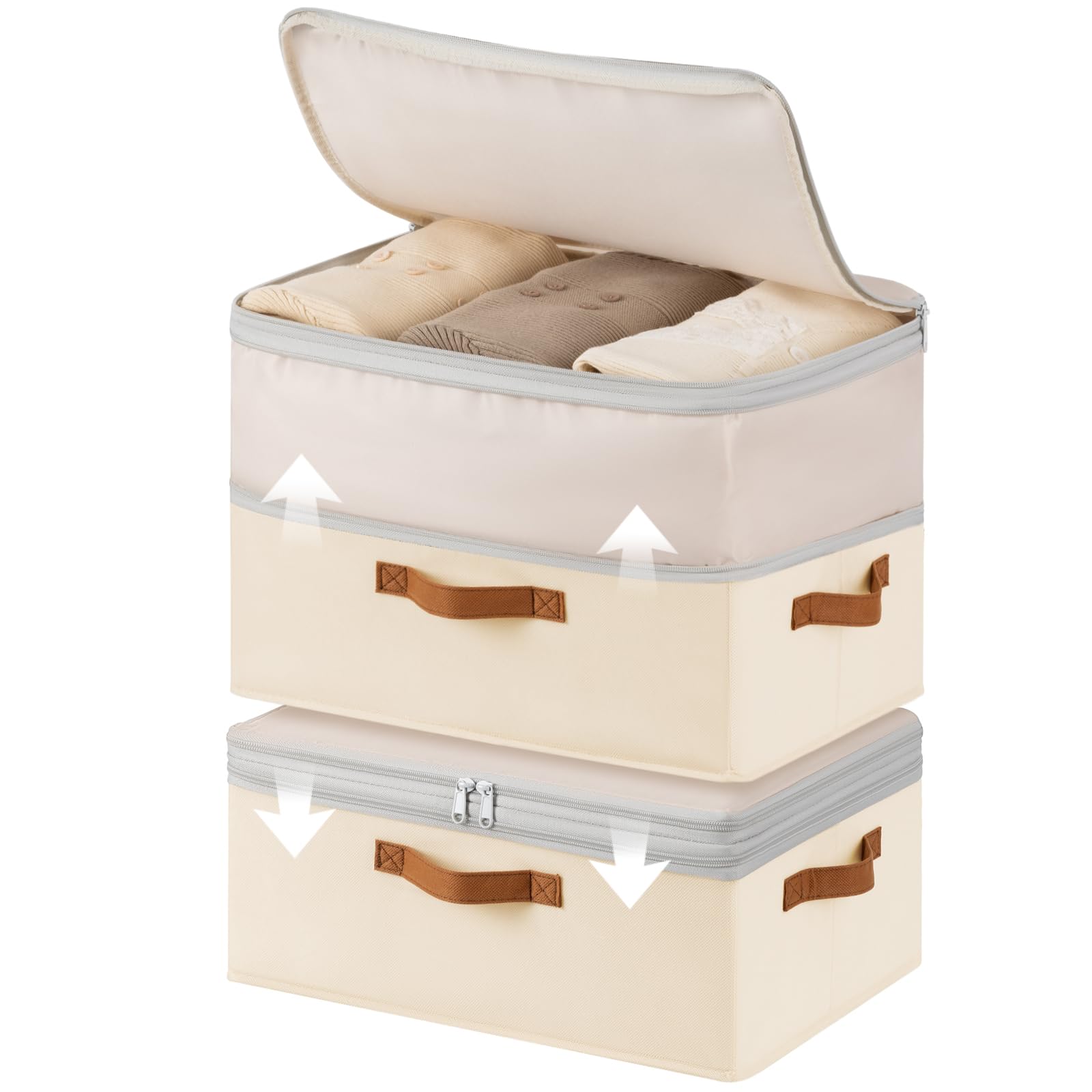 Homsorout Large Closet Storage Bins - Compression Organizer Bins, Stackable Closet Organizer, Expandable Under Bed Storage Containers for Clothes, Towels, Sheet, 2 Pack, Beige
