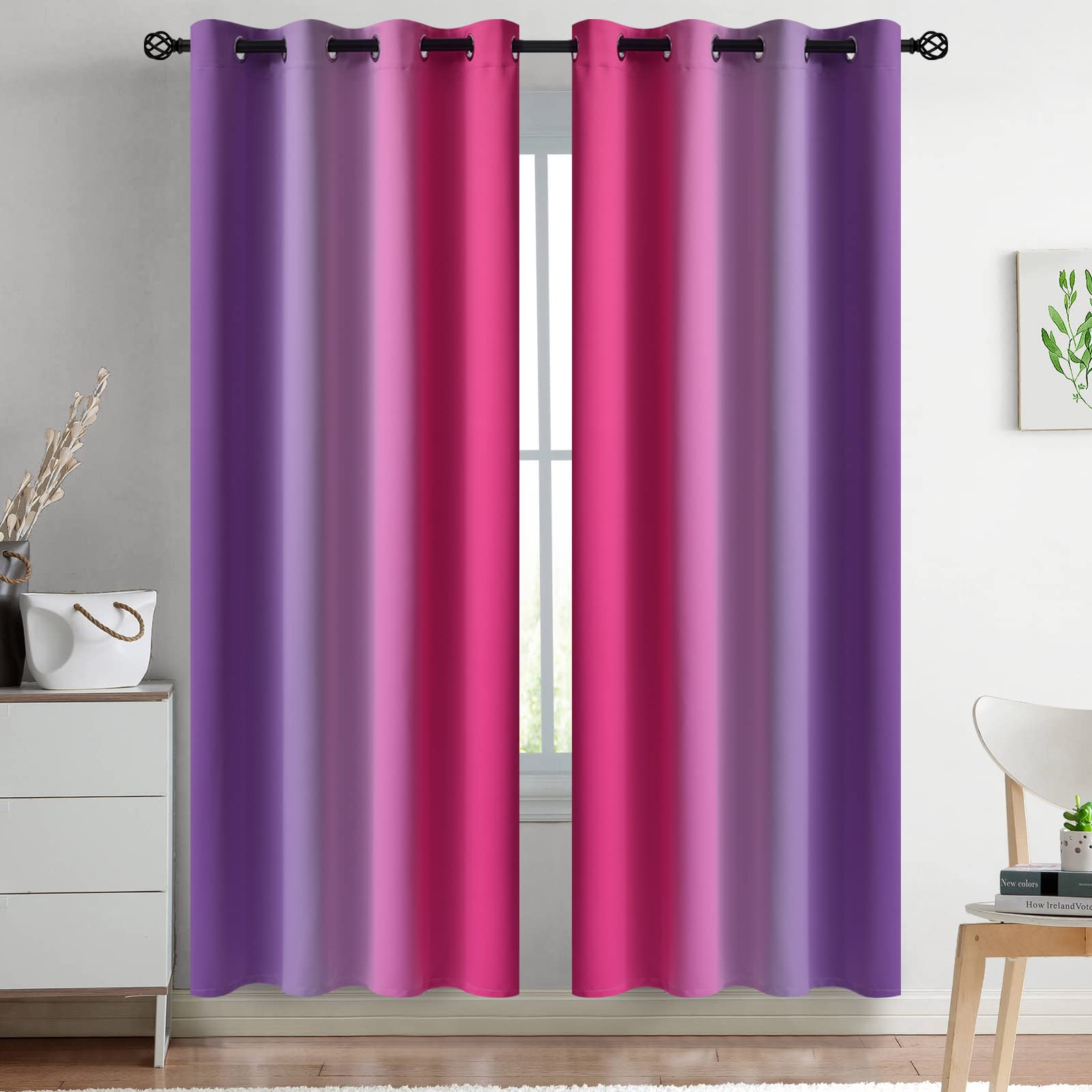 Yakamok Blue and Greyish White Ombre Curtains, Room Darkening Gradient Color Curtains for Bedroom, Light Blocking Thermal Insulated Window Drapes for Living Room(2 Panels, 52x84 Inch)