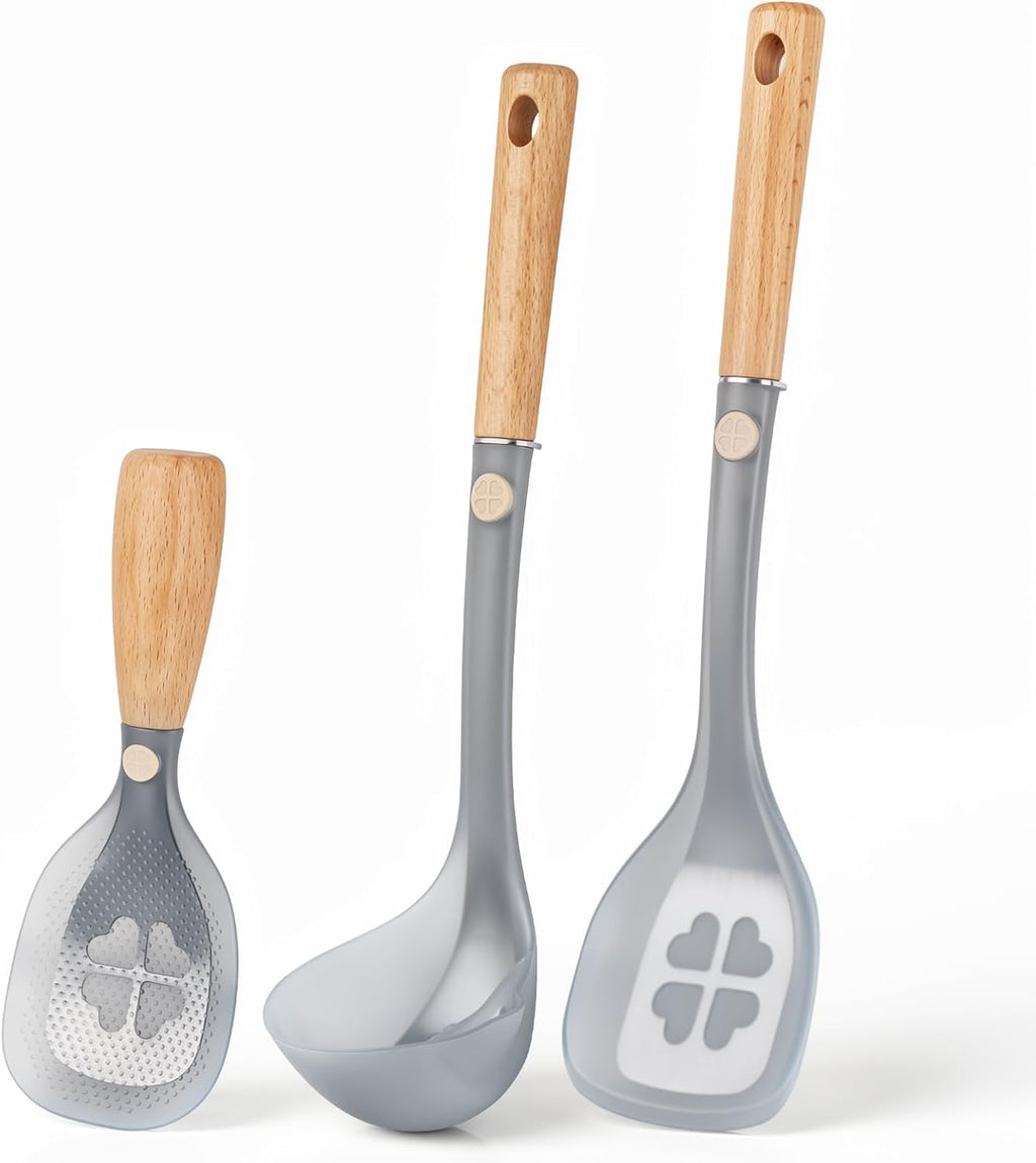 Cooking Spoon and Rice Scooper,Soup spoon for Nonstick Cookwares,3 PIECE for Cooking and Serving Sturdy BPA-Free food grade Silicone,Wood Handle Spoon for Mixing,Scoop,and Scrape