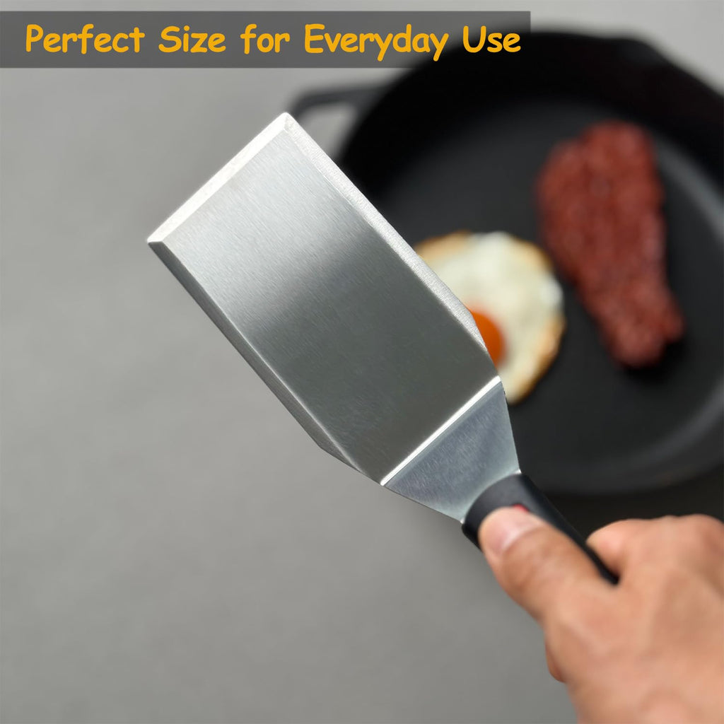 Professional Metal Spatula for Cast Iron Skillets and Flat Top Grills, Full Tang Wooden Handle,1.8mm Thick Stainless Steel Blade, Smash Burger Spatula Turner for Flipper, Cooking, BBQ, 4.7 x 2.7 Inch