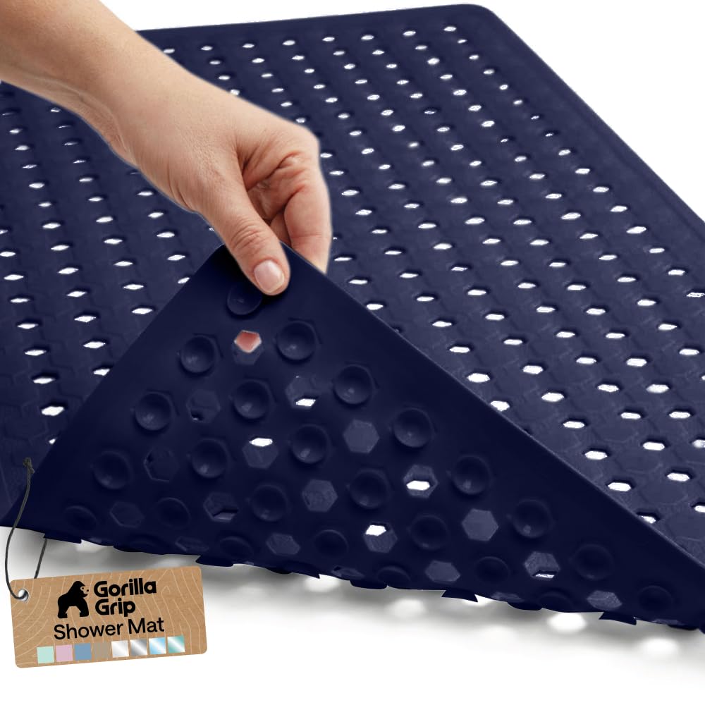GORILLA GRIP Patented Bath Tub Shower Mat, Machine Washable Bathtub Floor Liner Mats, Suction Cups and Drain Holes to Keep Tubs Clean, Soft on Feet, Bathroom Essentials, 35x16 Inch, Clear