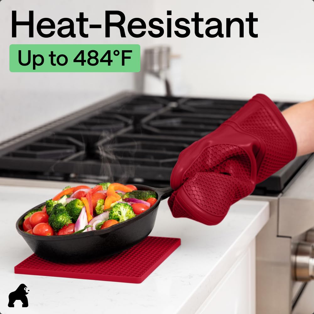 GORILLA GRIP BPA-Free Soft Silicone Oven Mitts, Heat Resistant and Waterproof Cooking Safety Gloves, Thick Cotton Lining, Flexible Gripping, Kitchen Potholders Set, for Grilling, BBQ, 12.5x8.3, Black