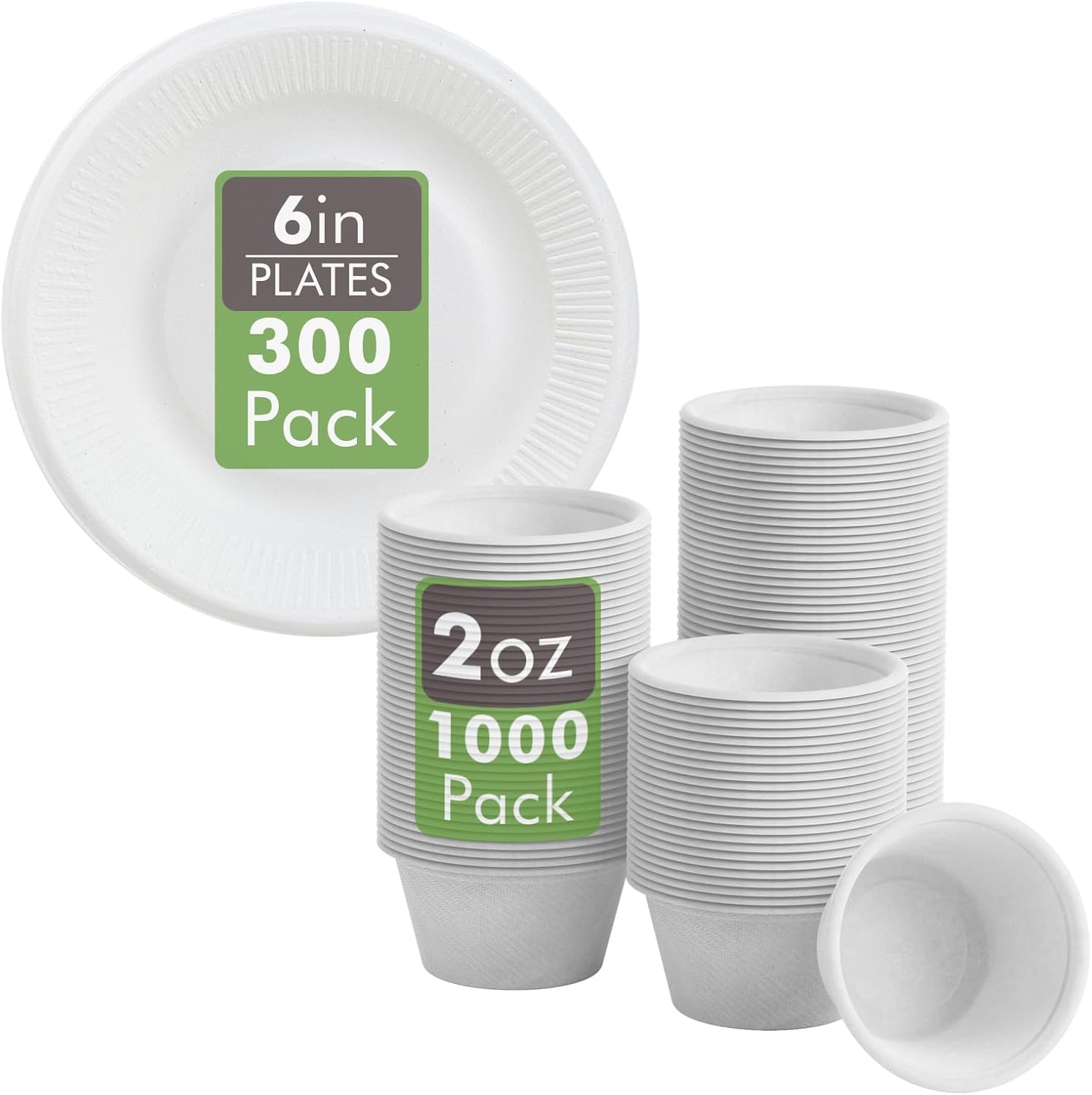 Vplus 300 Pack Compostable Disposable Paper Plates 6 inch and 1000 Pack 2 OZ Disposable Souffle Cups