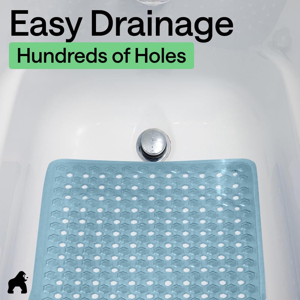 GORILLA GRIP Patented Bath Tub Shower Mat, Machine Washable Bathtub Floor Liner Mats, Suction Cups and Drain Holes to Keep Tubs Clean, Soft on Feet, Bathroom Essentials, 35x16 Inch, Clear