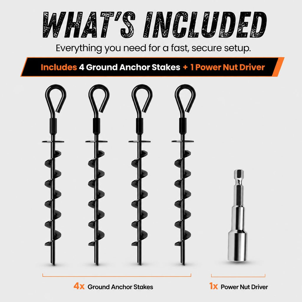 Ground Anchors Screw in Heavy Duty - 4 Pack with Power Nut Driver Drill Bit, Spiral Ground Stakes, Swing Set Anchors, Trampoline Tie Down Kit, High Wind Tent Stakes for Canopy, Car Port, RV Awning
