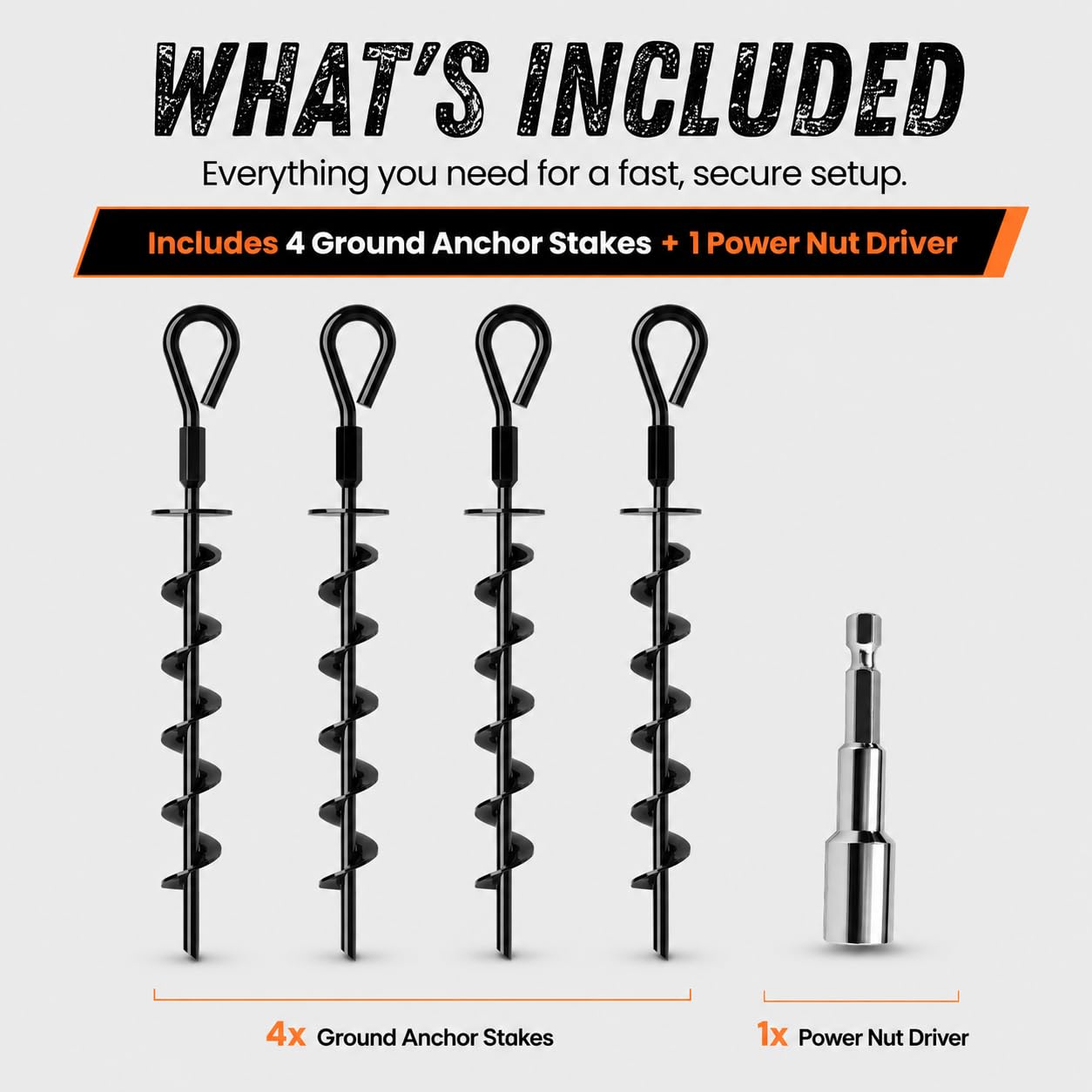 Ground Anchors Screw in Heavy Duty - 4 Pack with Power Nut Driver Drill Bit, Spiral Ground Stakes, Swing Set Anchors, Trampoline Tie Down Kit, High Wind Tent Stakes for Canopy, Car Port, RV Awning