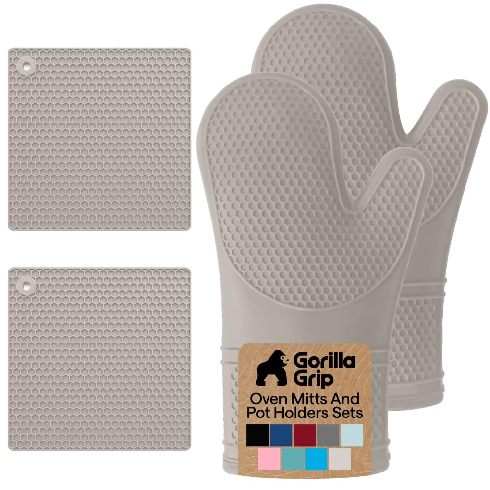 GORILLA GRIP BPA-Free Soft Silicone Oven Mitts, Heat Resistant and Waterproof Cooking Safety Gloves, Thick Cotton Lining, Flexible Gripping, Kitchen Potholders Set, for Grilling, BBQ, 12.5x8.3, Black