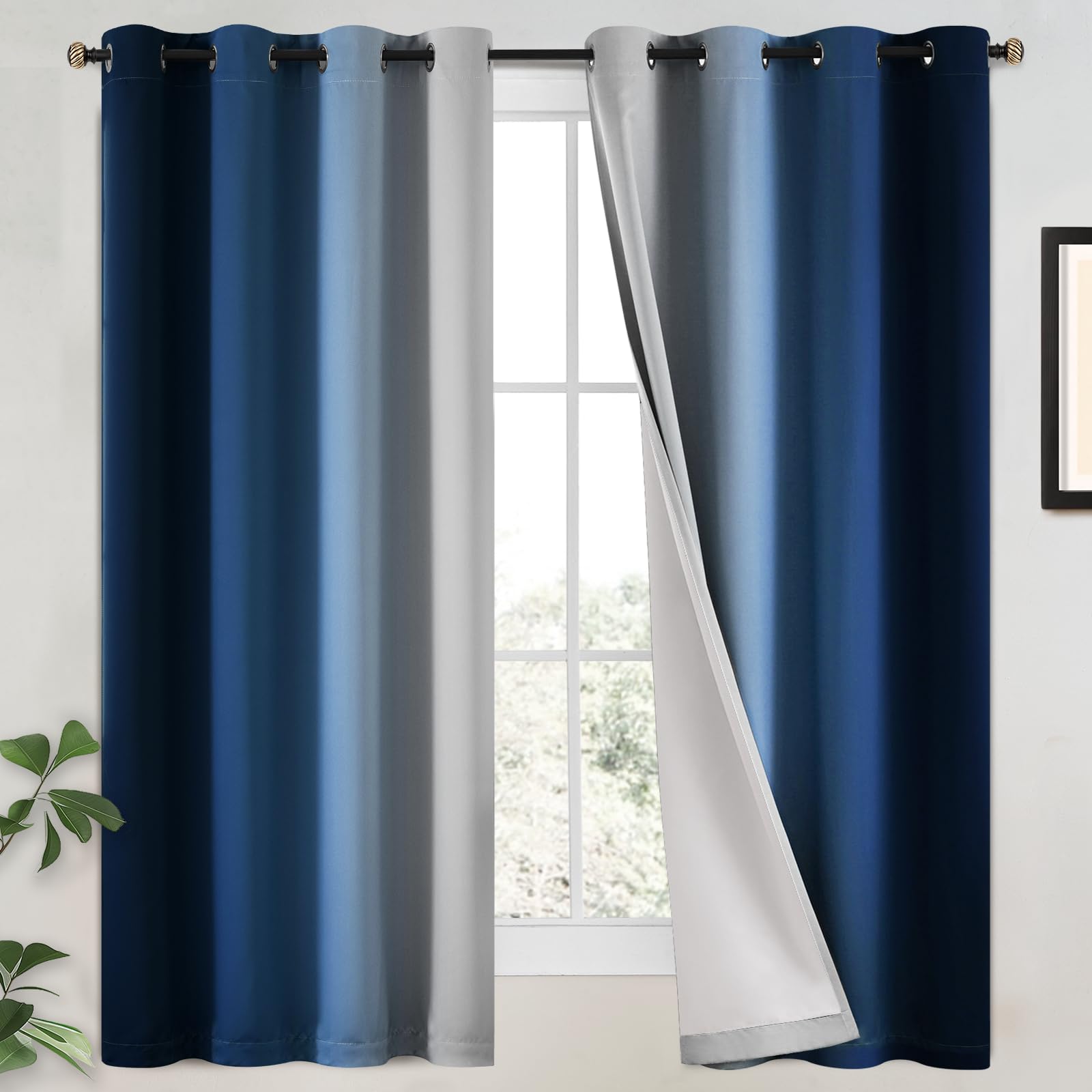 Yakamok Blue and Greyish White Ombre Curtains, Room Darkening Gradient Color Curtains for Bedroom, Light Blocking Thermal Insulated Window Drapes for Living Room(2 Panels, 52x84 Inch)