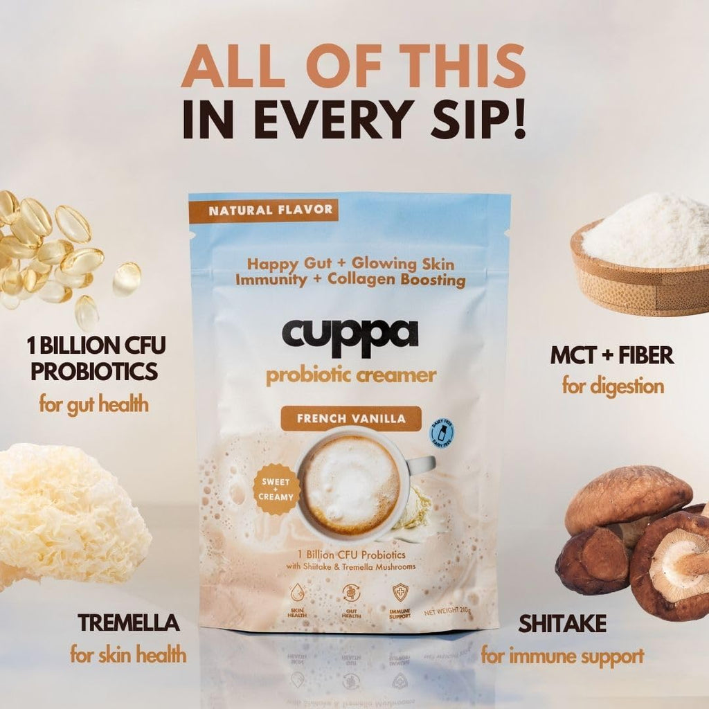 Cuppa Medium Roast Mushroom Coffee with Adaptogens & Superfoods - Lion’s Mane, Ashwagandha & Cordyceps. Adaptogens + MCT to support natural energy, mental focus & gut health (30 Servings)