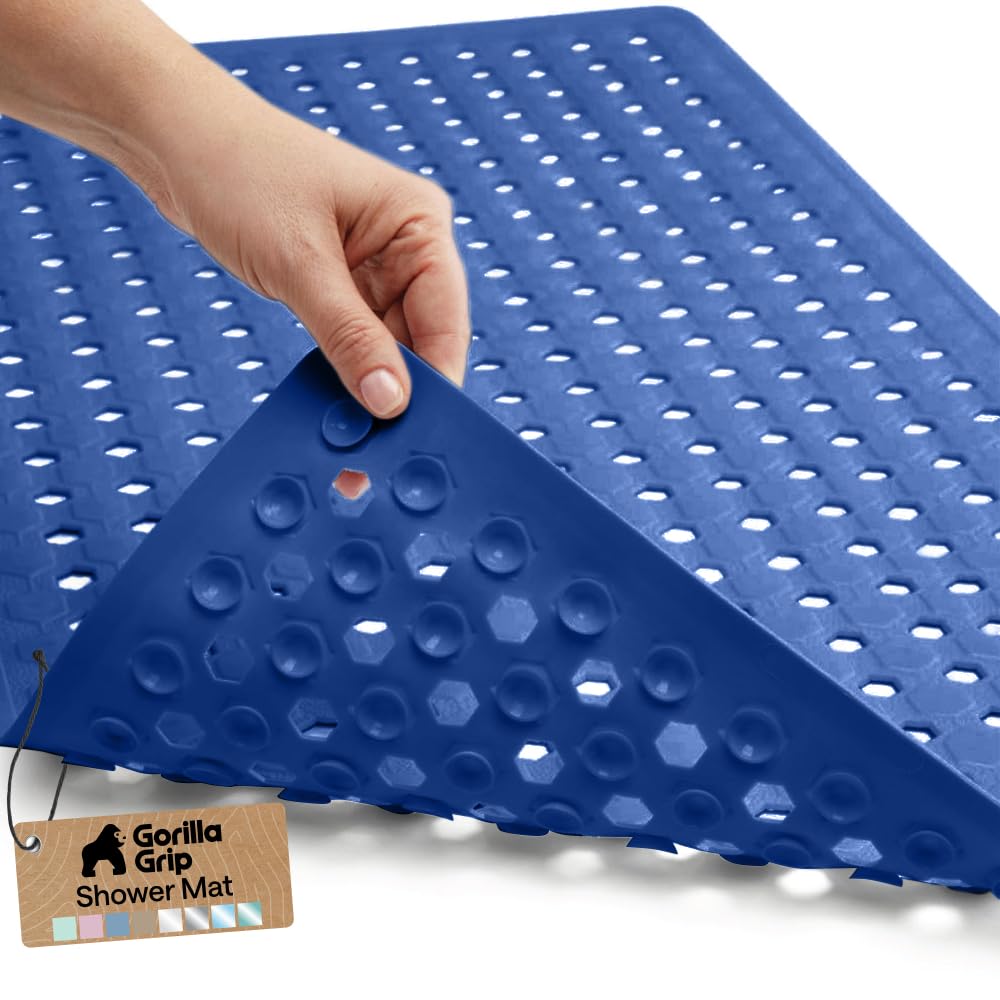 GORILLA GRIP Patented Bath Tub Shower Mat, Machine Washable Bathtub Floor Liner Mats, Suction Cups and Drain Holes to Keep Tubs Clean, Soft on Feet, Bathroom Essentials, 35x16 Inch, Clear