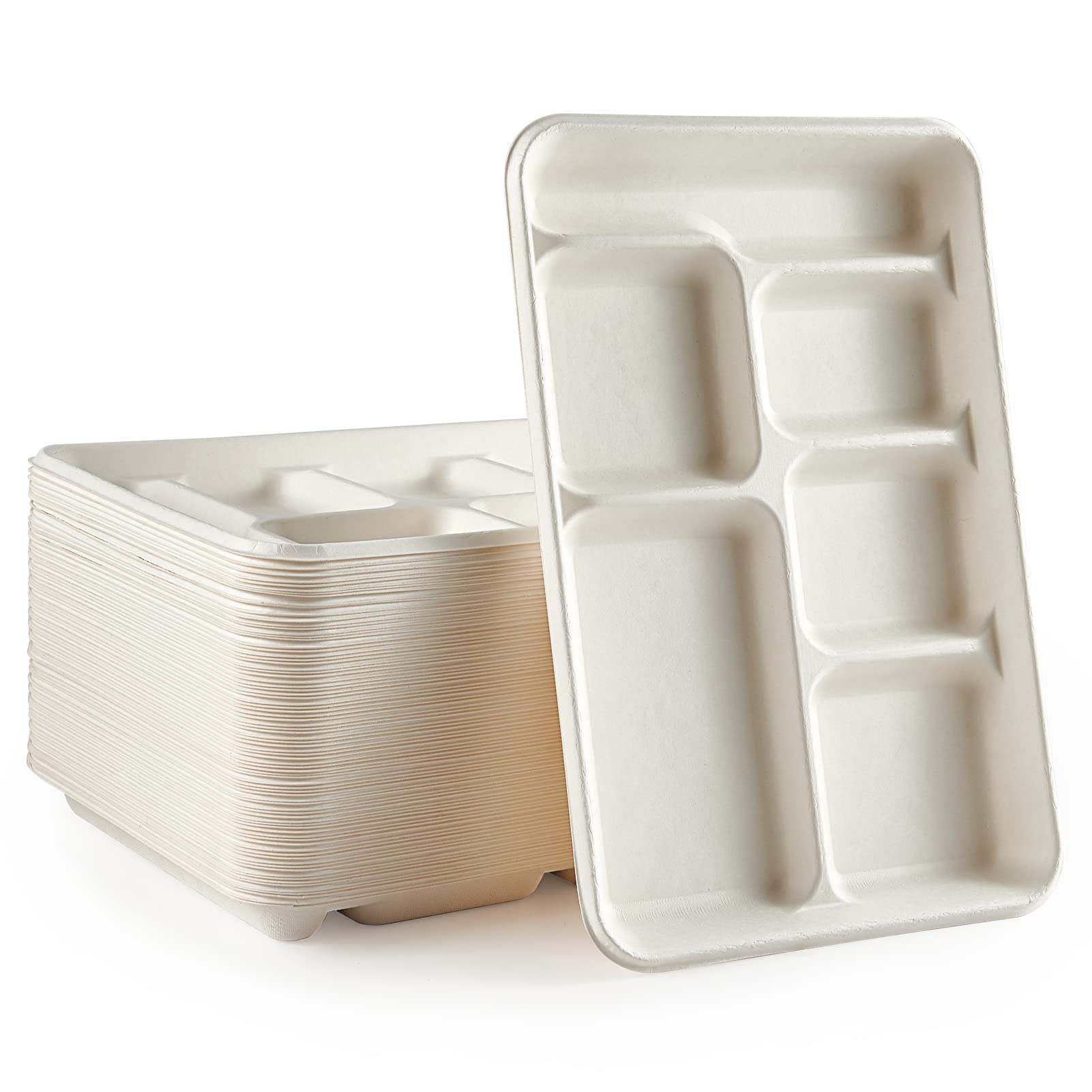 Vplus 100% Compostable 6 Compartment Plates, 90 Pack Compartment Paper Plate, 12.5x8.6 inch Disposable School Lunch Trays, Eco-Friendly Bagasse Plates for School Lunch, Buffet, and Party