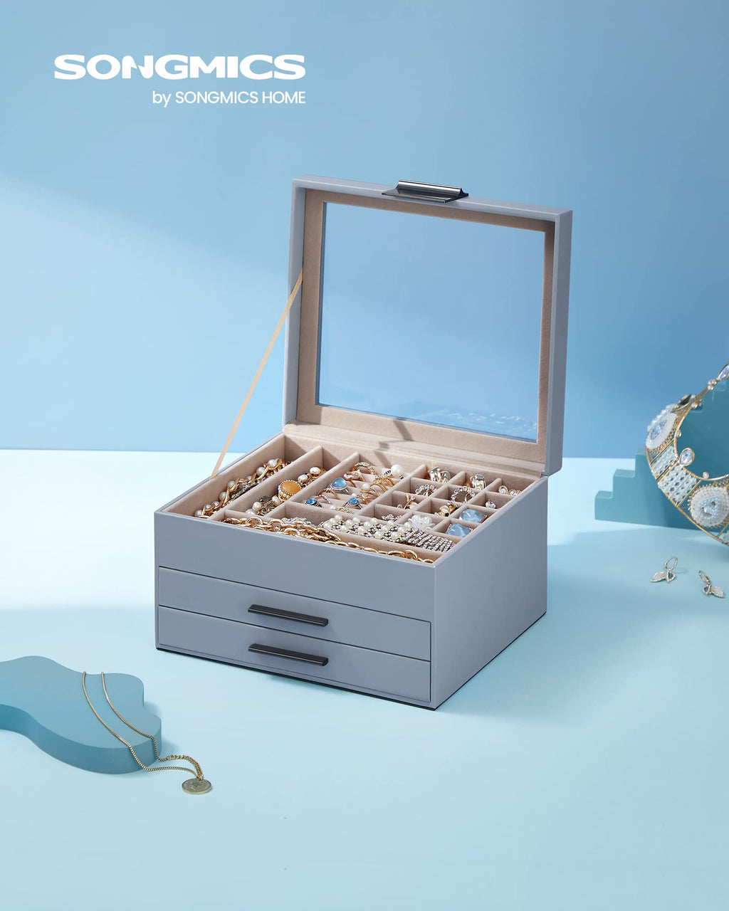 SONGMICS GISELLA Collection - Jewelry Box Organizer, 3-Layer Jewelry Storage with 2 Drawers, Shiny Metal Hardware, Glass Lid, Modern, 8 x 9.1 x 5.3 Inches, Cloud White and Gold Color UJBC239WT