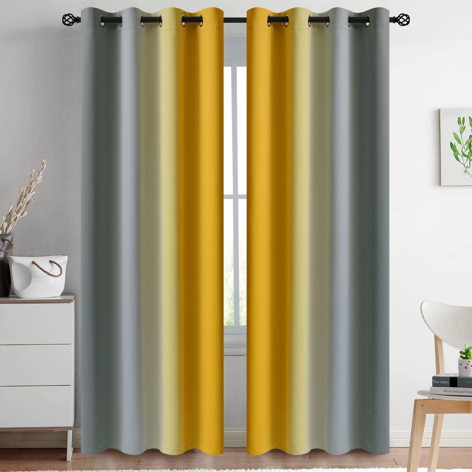 Yakamok Blue and Greyish White Ombre Curtains, Room Darkening Gradient Color Curtains for Bedroom, Light Blocking Thermal Insulated Window Drapes for Living Room(2 Panels, 52x84 Inch)