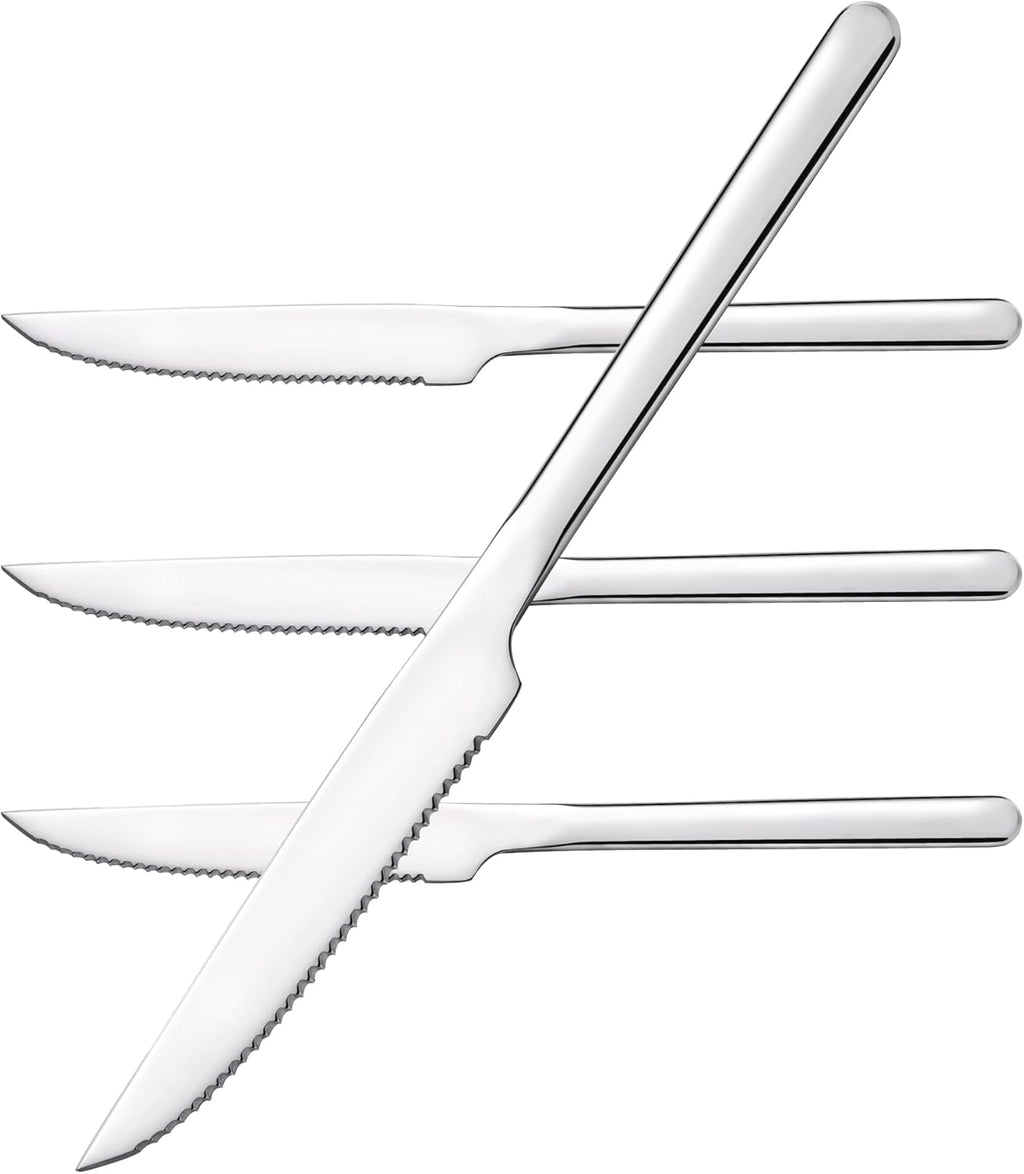 KINGSTONE Sharp Steak Knives, German Stainless Steel Steak Knife Set of 4 with Full-Serrated Blade, 9.4-Inch Sleek Design Table Knives, Mirror Polished