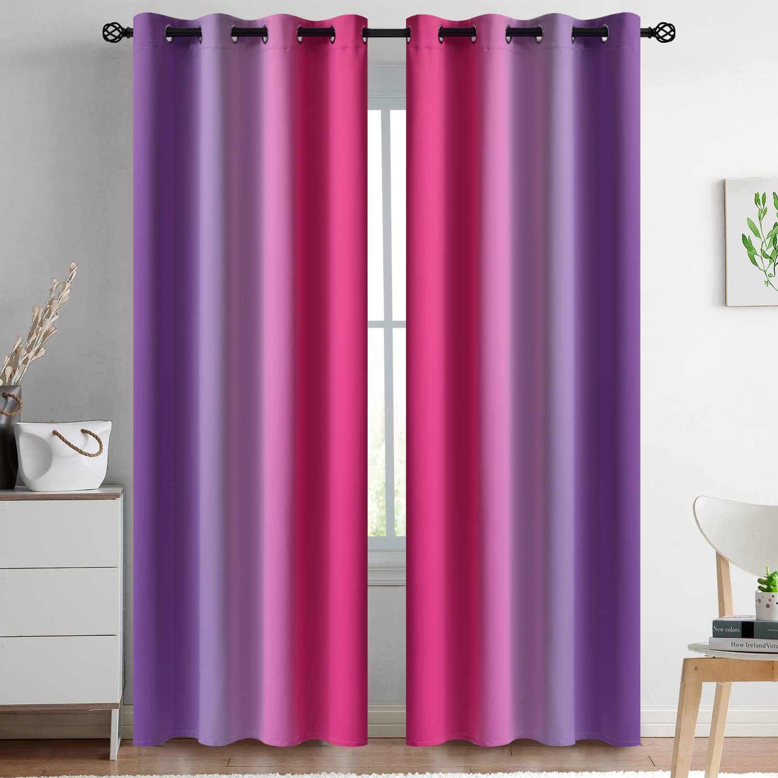 Yakamok Blue and Greyish White Ombre Curtains, Room Darkening Gradient Color Curtains for Bedroom, Light Blocking Thermal Insulated Window Drapes for Living Room(2 Panels, 52x84 Inch)