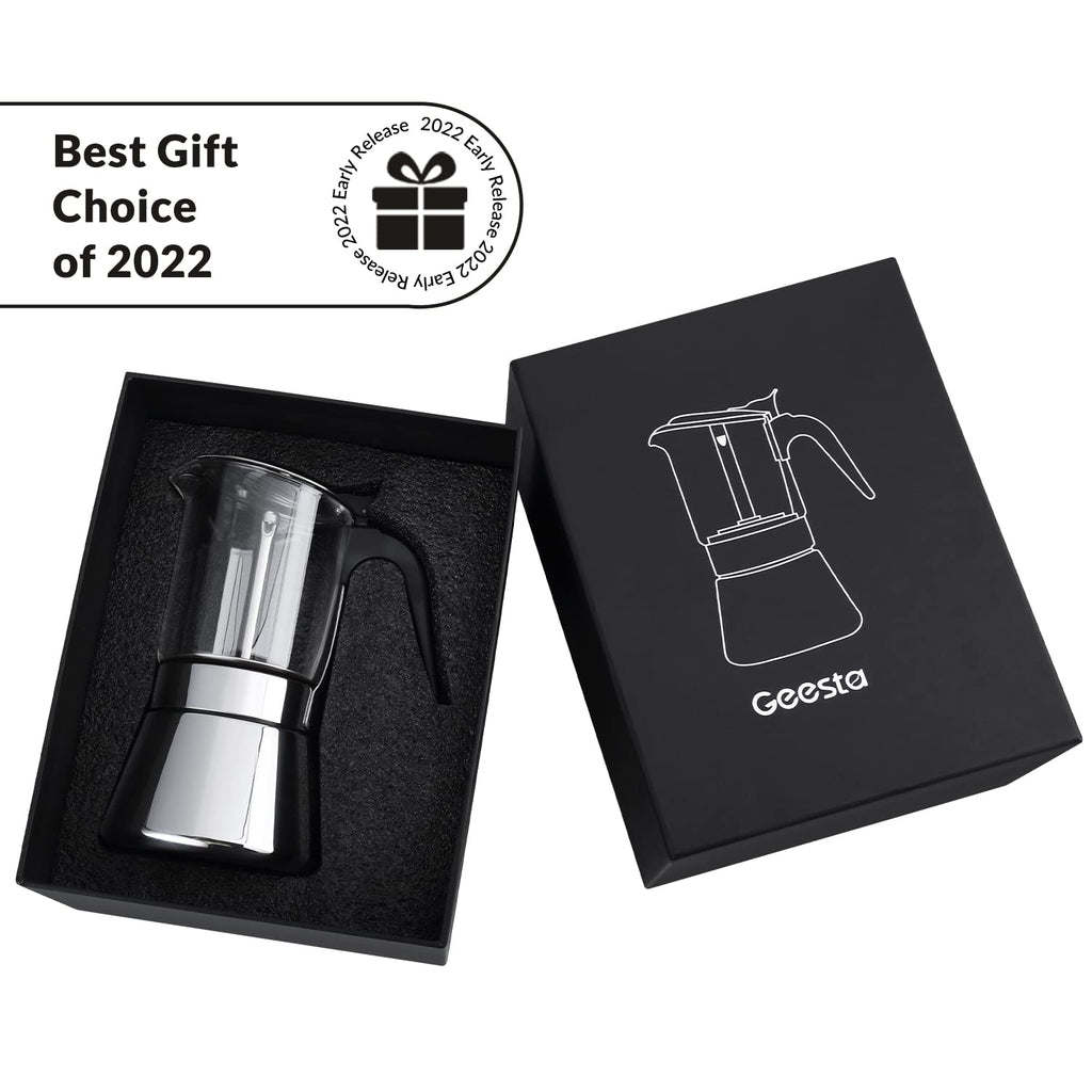 Geesta Premium Crystal Glass-Top Stovetop Espresso Moka Pot - 4/6/ 9 Cups - Stainless Steel Coffee Maker- 240ml/8.5oz/6 cup (espresso cup=40ml)