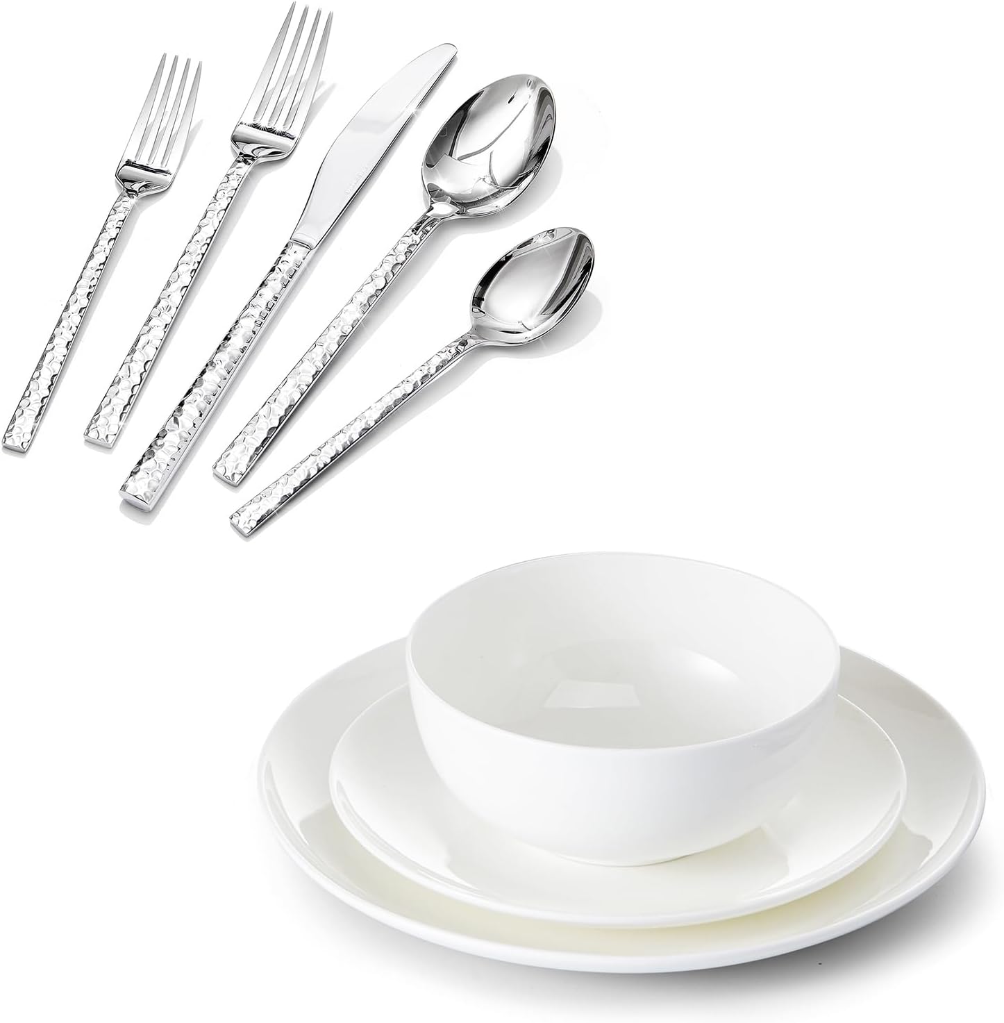 KINGSTONE 20 Piece Hammered Silverware Set and Bone China Dinnerware Sets, 12-Piece Dinnerware Set for 4